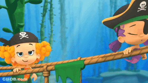 Two Cartoon Characters Wearing Pirate Hats With Skulls And Crossbones GIF