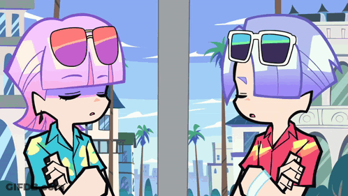 Two Cartoon Characters Wearing Sunglasses Are Standing Next To Each Other With Their Arms Crossed GIF
