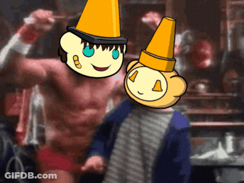 Two Cartoon Characters With Cones On Heads GIF