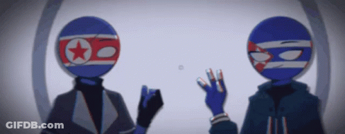 Two Cartoon Characters With Flags Waving At Each Other GIF