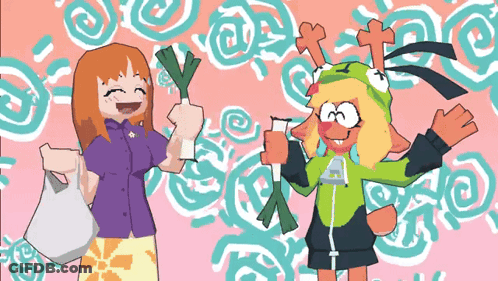 Two Cartoon Characters With Frog On Head GIF
