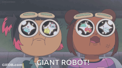 Two Cartoon Characters With Giant Robot GIF
