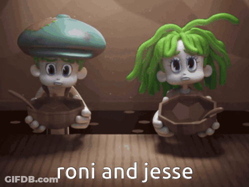 Two Cartoon Characters With Green Hair And The Words Roni And Jesse Above Them GIF
