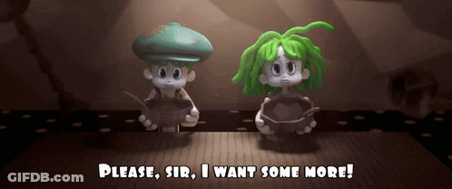 Two Cartoon Characters With Green Hair Are Sitting At A Table And One Of Them Says Please Sir I Want Some More GIF