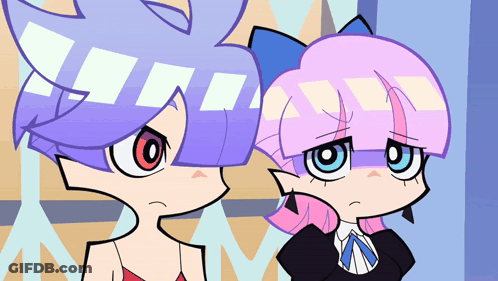 Two Cartoon Characters With Purple Hair And Pink Hair GIF