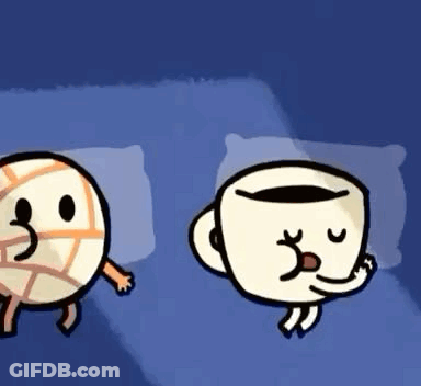 Two Cartoon Characters With Volleyball And Coffee On Bed GIF