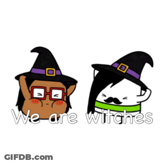 Two Cartoon Characters With Witch Hats Saying We Are Witches GIF