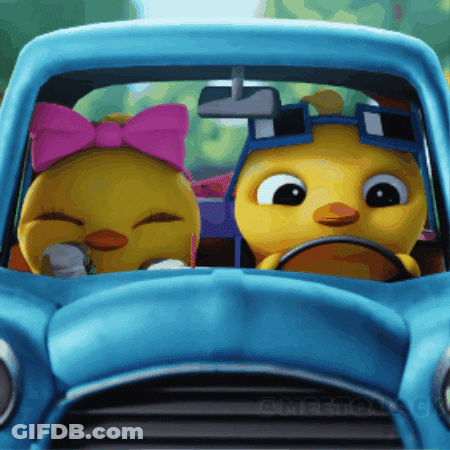 Two Cartoon Chickens Are Driving A Blue Car And One Has A Pink Bow On Her Head GIF