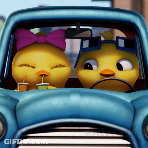 Two Cartoon Chickens Are Sitting In A Blue Car And One Has A Bow On Her Head GIF