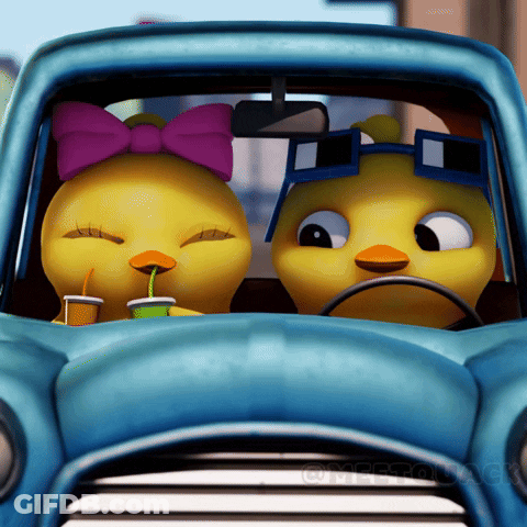 Two Cartoon Chickens In Blue Car One With Pink Bow GIF