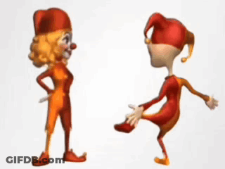 Two Cartoon Clowns Are Dancing Together On A White Surface GIF