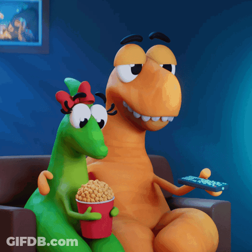 Two Cartoon Dinosaurs Eating Popcorn Watching TV GIF