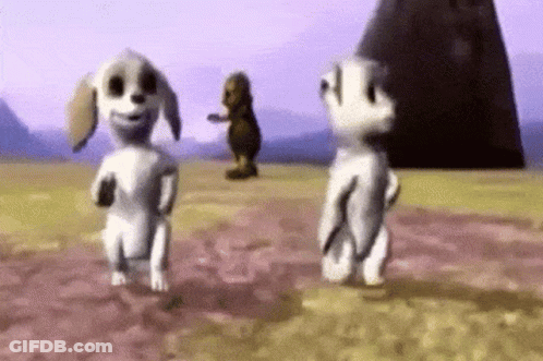 Two Cartoon Dogs Are Dancing In A Field With A Purple Background . GIF