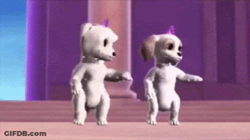 Two Cartoon Dogs Are Dancing In Front Of A Building . GIF