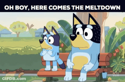 Two Cartoon Dogs Are Sitting On A Bench With The Words Oh Boy Here Comes The Meltdown GIF