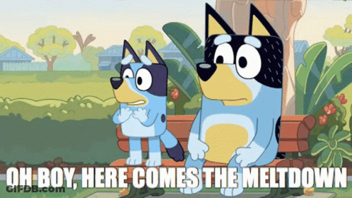 Two Cartoon Dogs Are Sitting On A Bench With The Words Oh Boy Here Comes The Meltdown GIF