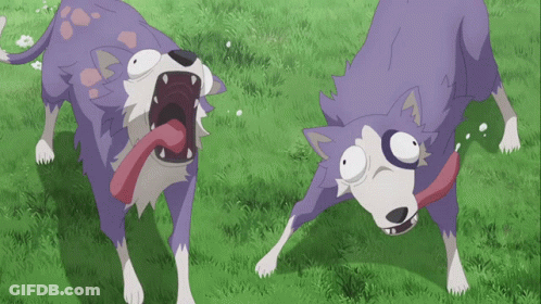 Two Cartoon Dogs Are Standing In The Grass With Their Mouths Open GIF