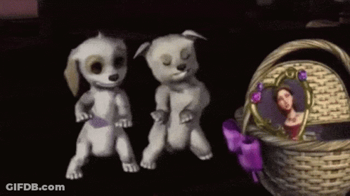 Two Cartoon Dogs Are Standing Next To A Basket With A Picture Of A Woman In It . GIF