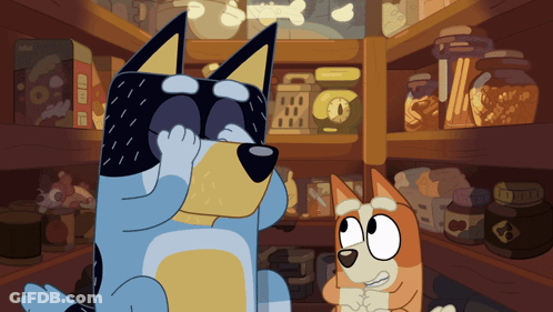 Two Cartoon Dogs Are Standing Next To Each Other In A Pantry Filled With Dog Food GIF