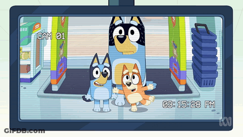 Two Cartoon Dogs Are Standing Next To Each Other In A Store With The Time Of 03:15:28 Pm Displayed On The Screen GIF