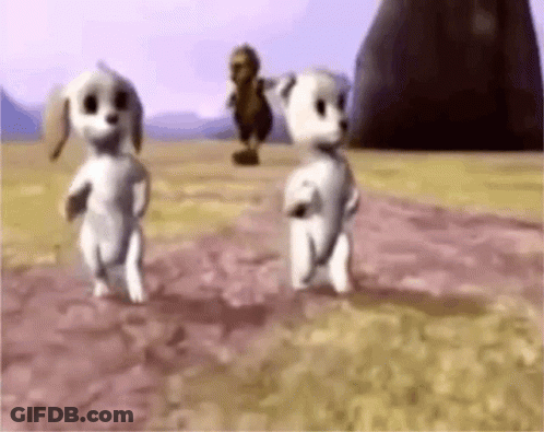 Two Cartoon Dogs Are Walking In A Field With A Camel In The Background . GIF