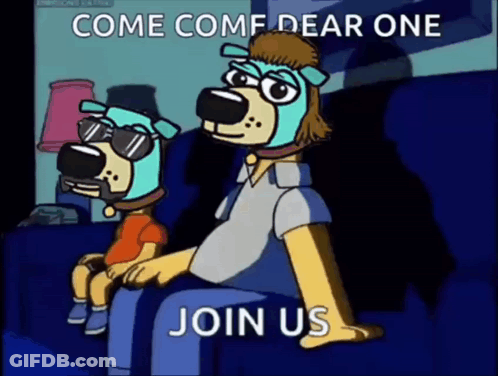 Two Cartoon Dogs On A Couch: Come Come Dear One Join Us GIF