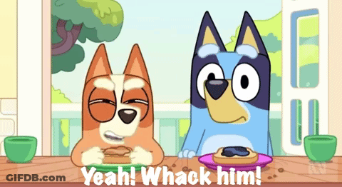 Two Cartoon Dogs Sitting At Table Saying Yeah Whack Him GIF
