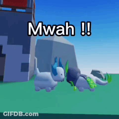 Two Cartoon Dogs With Horns Are Standing Next To Each Other With The Words Mwah !! Written Above Them GIF