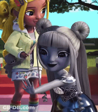 Two Cartoon Dolls Are Hugging Each Other And One Has A Bun On Her Hair GIF