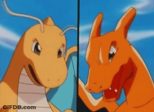 Two Cartoon Dragons Standing Facing Each Other GIF
