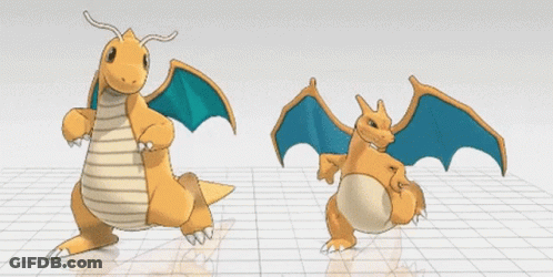 Two Cartoon Dragons Standing Next To Each Other On A White Surface . GIF