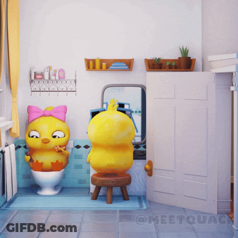 Two Cartoon Ducks Are In A Bathroom With The Name Cheetquack On The Bottom GIF