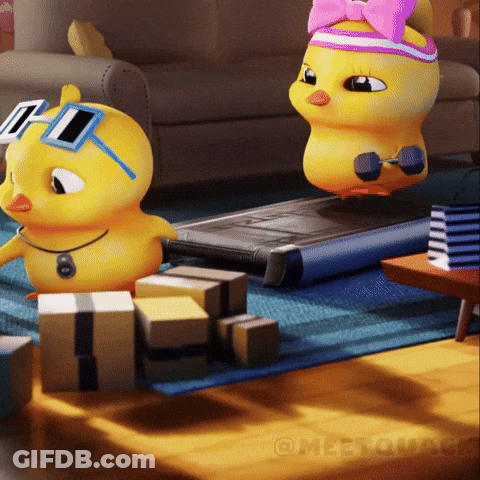 Two Cartoon Ducks Are On A Treadmill And One Is Wearing A Pink Bow GIF