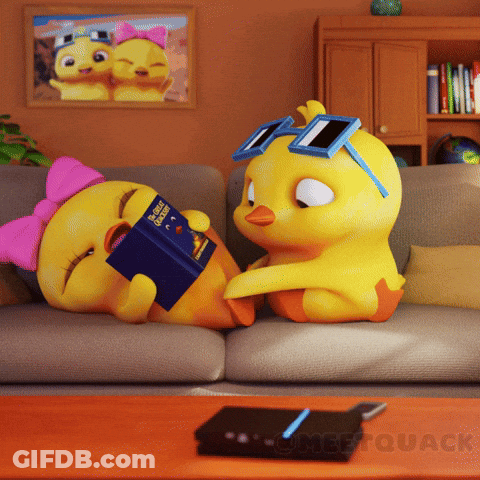 Two Cartoon Ducks Are Sitting On A Couch And One Is Reading A Book Called Duck Quack GIF
