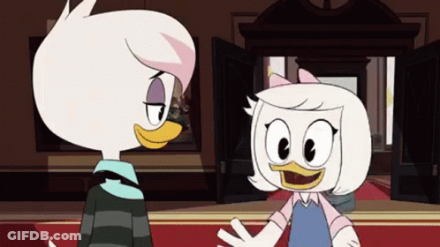 Two Cartoon Ducks Standing In Hallway GIF