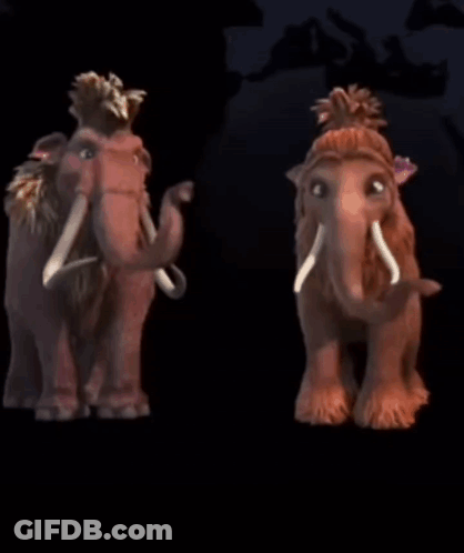 Two Cartoon Elephants Are Standing Next To Each Other In A Dark Room GIF