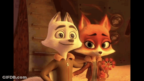 Two Cartoon Foxes Are Standing Next To Each Other And One Is Holding A Flower GIF
