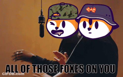 Two Cartoon Foxes Wearing Hats Saying All Of Those Foxes On You GIF