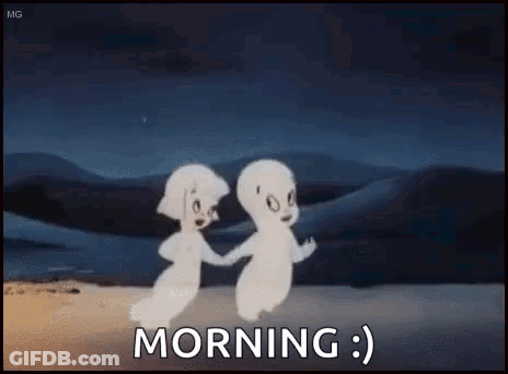 Two Cartoon Ghosts Are Holding Hands And Dancing In The Desert With The Words `` Morning '' . GIF