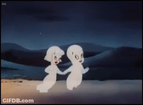 Two Cartoon Ghosts Are Holding Hands In A Desert . GIF
