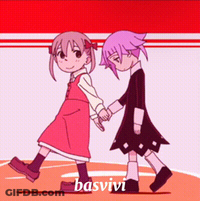 Two Cartoon Girls Are Holding Hands And Walking On A Red And White Background . GIF