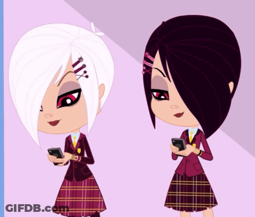 Two Cartoon Girls Are Standing Next To Each Other And Looking At Their Cell Phones GIF