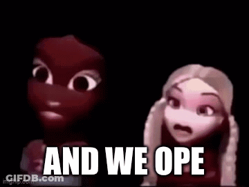 Two Cartoon Girls Are Standing Next To Each Other In A Dark Room With The Words `` And We Ope '' . GIF