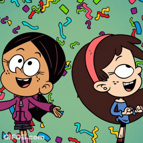 Two Cartoon Girls Are Standing Next To Each Other With Confetti Flying Around Them GIF