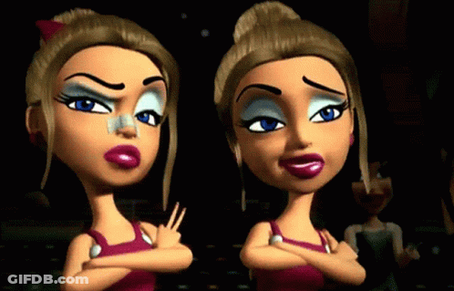 Two Cartoon Girls Are Standing Next To Each Other With Their Arms Crossed And One Has A Needle In Her Nose GIF