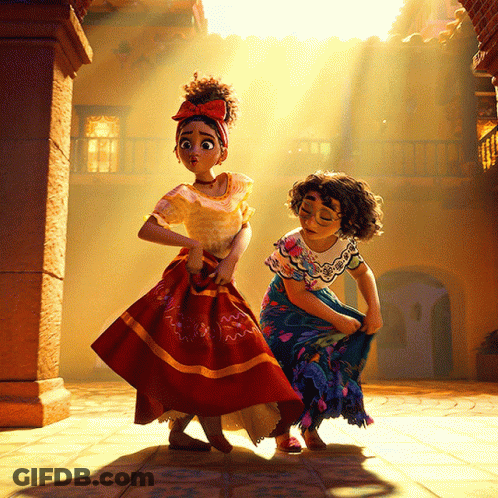 Two Cartoon Girls Dancing In Courtyard GIF