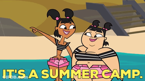 Two Cartoon Girls On A Beach With The Words It 'S A Summer Camp GIF