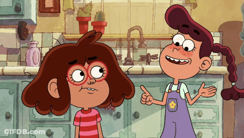 Two Cartoon Girls One With Star Overalls GIF