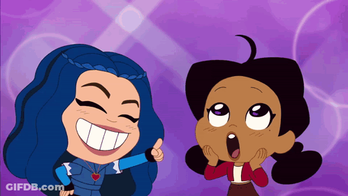 Two Cartoon Girls Standing Next To Each Other With One Pointing GIF