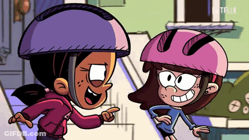 Two Cartoon Girls Wearing Helmets Are Standing Next To Each Other And One Is Pointing At The Other GIF